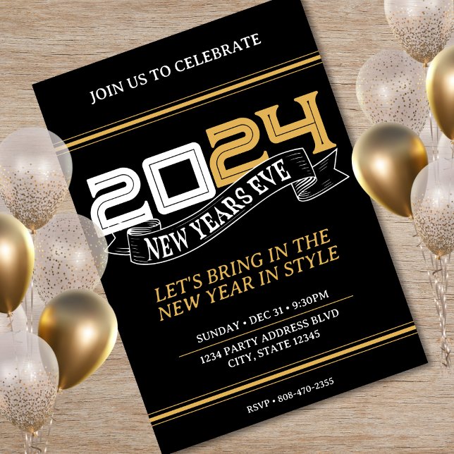 Invitation Bannière du Nouvel An Noir & Or 2024 (Black & Gold New Years Eve Party Banner 2024 Invitation)