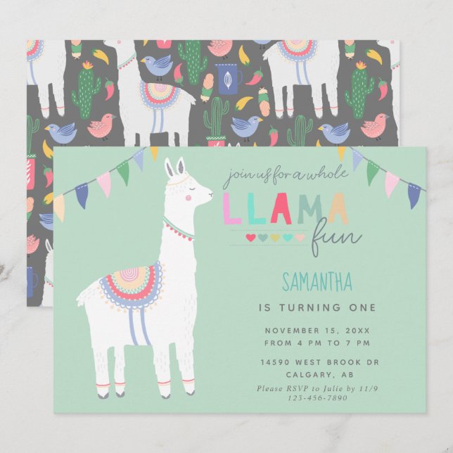 Invitation Bannière fête d'anniversaire de la petite Llama (Devant / Derrière)