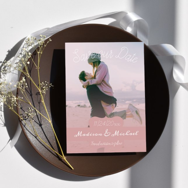 Invitation Bannière Rose Doux Photo Enregistrer La Date Annon (Soft Pink Banner Photo Save the Date)