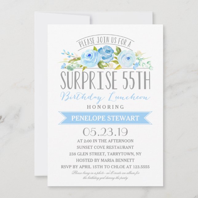 Invitation Bannière rose Surprise 55e anniversaire Déjeuner (Devant)