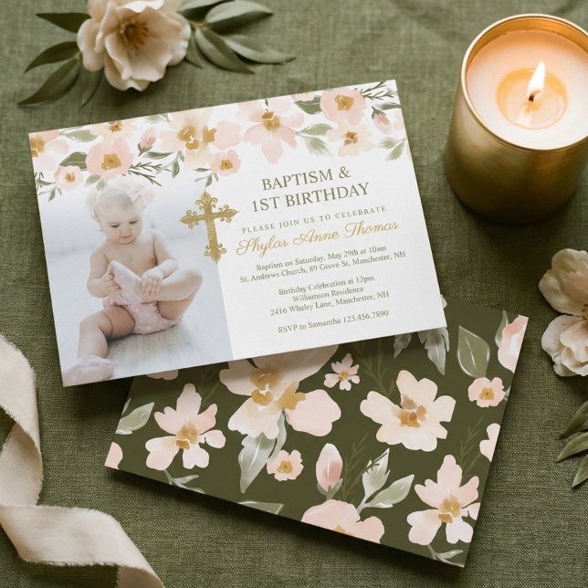 Invitation Baptême & 1er anniversaire aquarelle Florales Phot (Photo Baptism & 1st Birthday Watercolor Florals Invitation)
