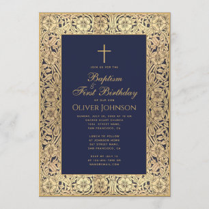 Invitation Baptême 1er anniversaire Floral Gold Navy Bleu Élé