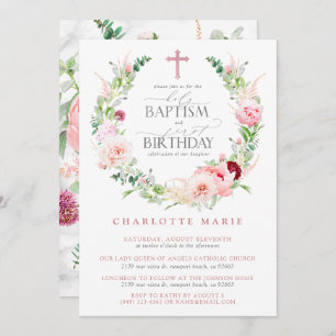 Invitation Baptême 1er anniversaire Pink Floral Marble Cross