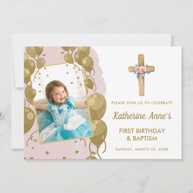 Invitation Baptême 1er anniversaire Pink Gold Texte photo (Devant)