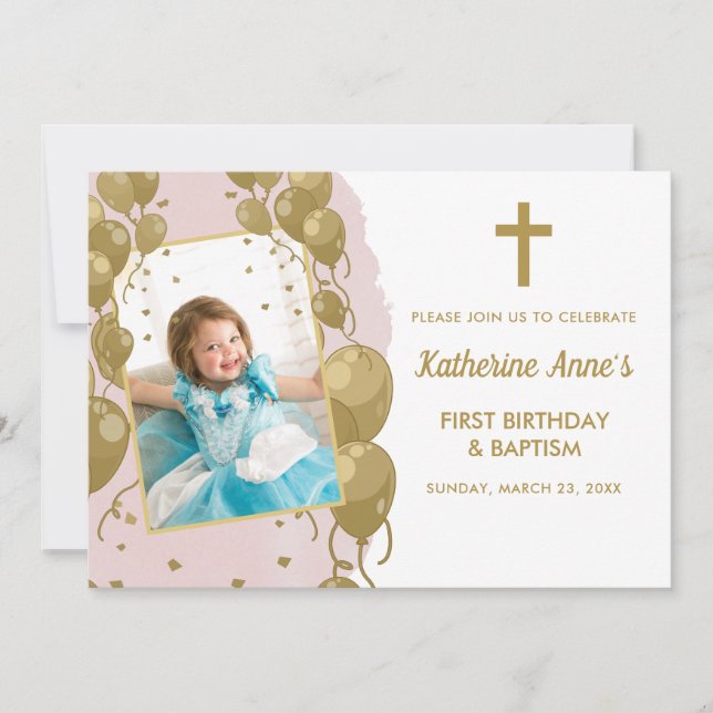 Invitation Baptême 1er anniversaire Pink Gold Texte photo (Devant)