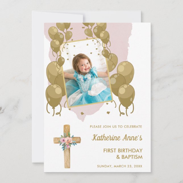 Invitation Baptême 1er anniversaire Pink Gold Texte photo (Devant)