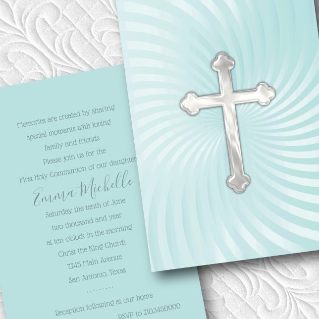 Invitation Baptême 1ère communion Confirmation Aqua Pearl (Créateur téléchargé)
