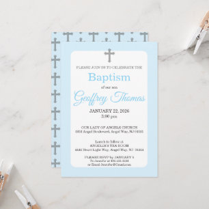 Invitation Baptême à l'aquarelle bleu poudré et croix grise