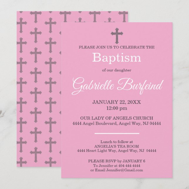 Invitation Baptême à l'aquarelle croix rose et grise (Devant / Derrière)
