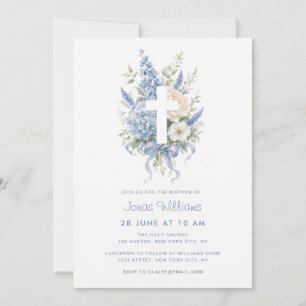 Invitation Baptême à l'aquarelle d'hortensia bleu floral