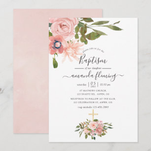 Invitation Baptême à l'aquarelle floral rose et or rose