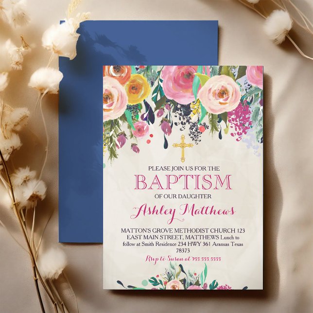 Invitation Baptême à l'aquarelle florale rose (Créateur téléchargé)