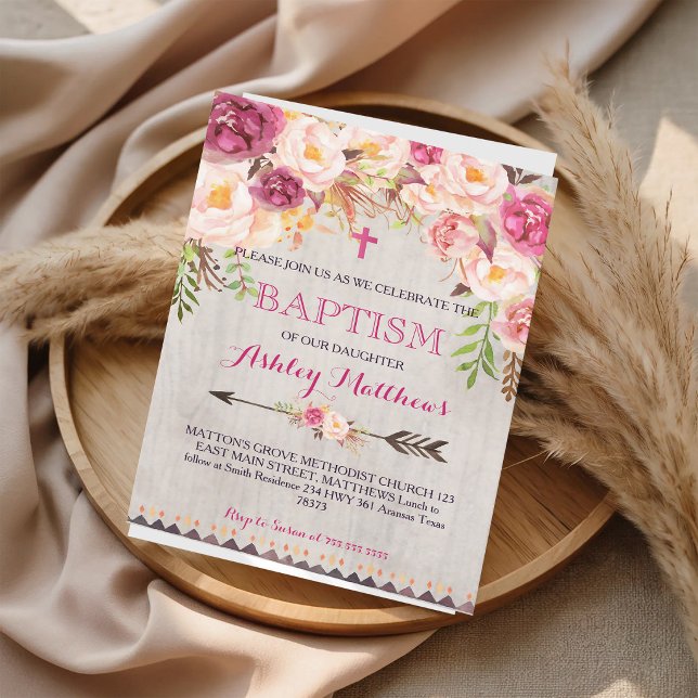 Invitation Baptême à l'aquarelle florale rose (Créateur téléchargé)