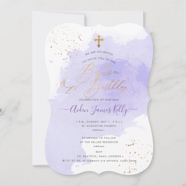 Invitation Baptême à l'aquarelle lavande + 1er anniversaire (Devant)