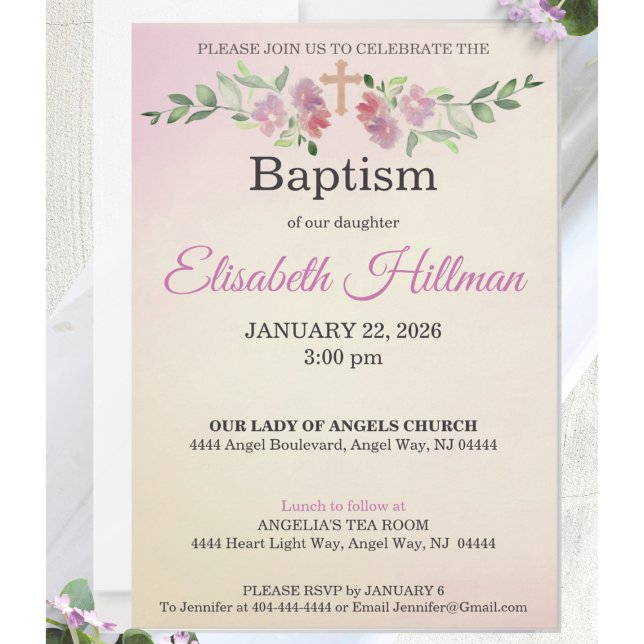 Invitation Baptême à l'aquarelle Rose Poussiéreuse et Jaune A (Baby girl baptism invitation styled on soft white fabric with delicate blush florals.)