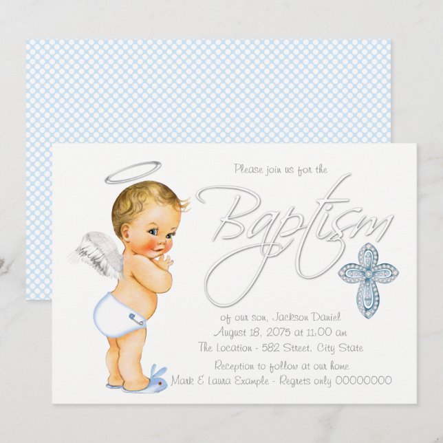 Invitation Baptême Ange Bleu Garçons (Devant / Derrière)