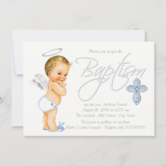 Invitation Baptême Ange Bleu Garçons (Devant)