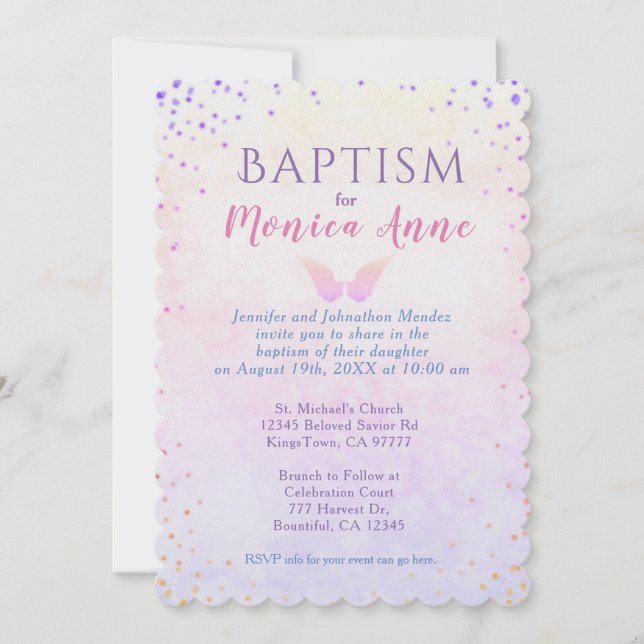 Invitation Baptême | Angel Wings & Rainbow Confetti (Devant)