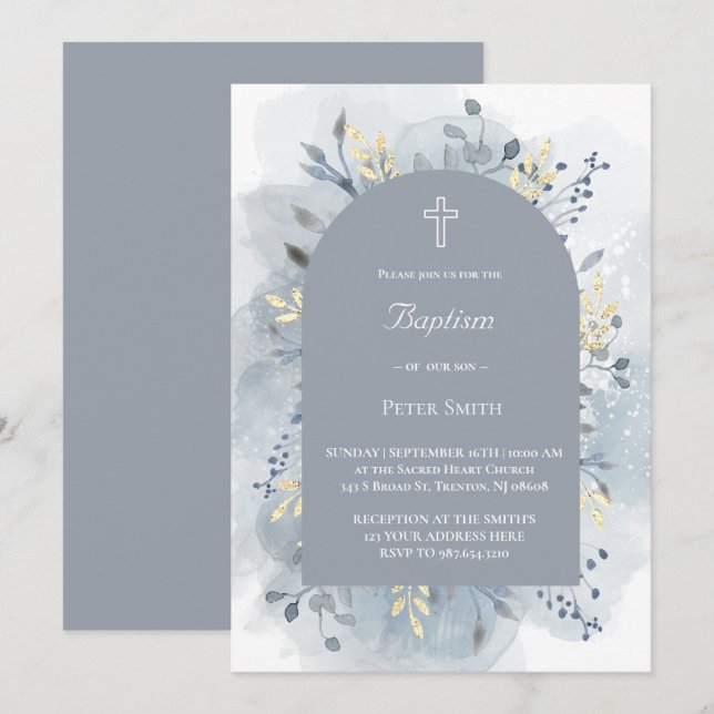 Invitation Baptême aquarelle feuillage  (Devant / Derrière)