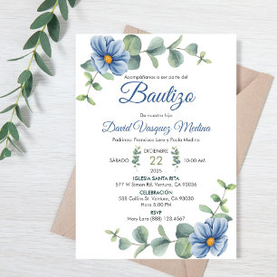 Invitation Baptême Aquarelle Feuilles verts et fleurs bleues