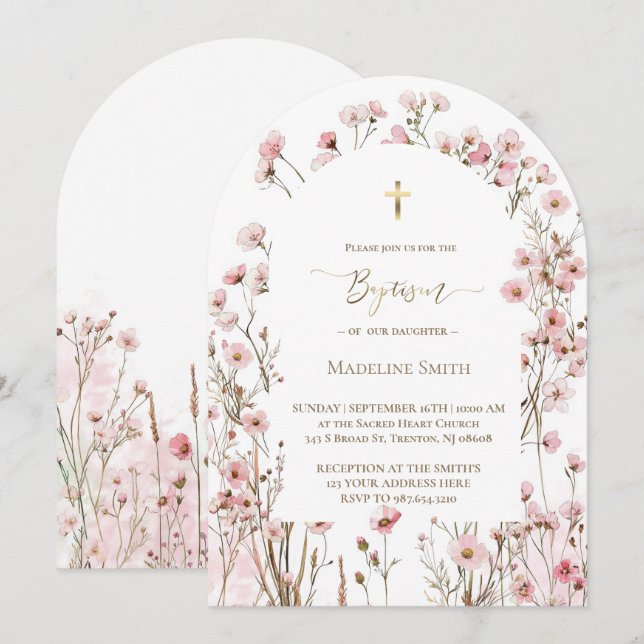 Invitation Baptême aquarelle fleurs rose blush (Devant / Derrière)