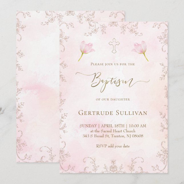 Invitation baptême aquarelle rose (Devant / Derrière)