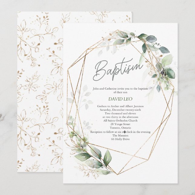 Invitation Baptême, Aquarelle, Verdure, Baptême (Devant / Derrière)