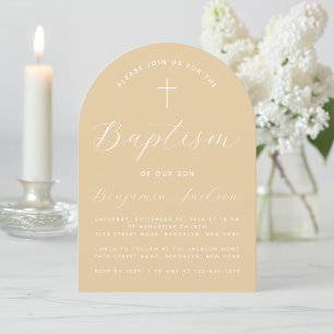 Invitation Baptême Arc Beige Simple Script Croix Brown