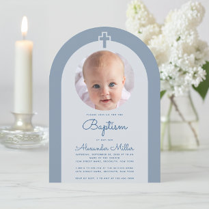 Invitation Baptême Arc Boy Photo Dusty Blue Christening