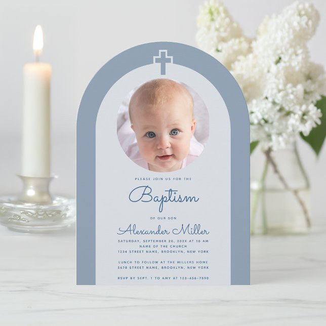 Invitation Baptême Arc Boy Photo Dusty Blue Christening (Créateur téléchargé)