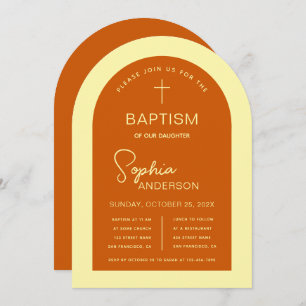 Invitation Baptême Arc Brûlé Orange Jaune Script moderne