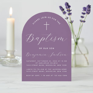 Invitation Baptême Arc Dusty Purple Script moderne et croix