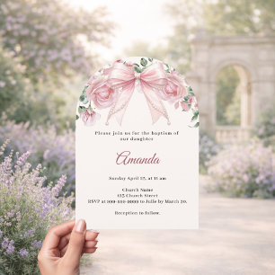 Invitation Baptême Arc Élégant Fleurs Rose Ivoire Fille