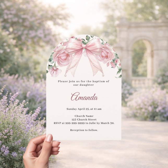 Invitation Baptême Arc Élégant Fleurs Rose Ivoire Fille (Créateur téléchargé)
