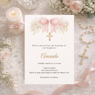 Invitation Baptême Arc Nuances de rose Fleurs en ivoire Fille