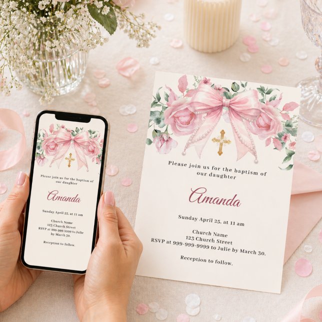 Invitation Baptême Arc Rose Fleurs en Ivoire Fille Croix (Créateur téléchargé)