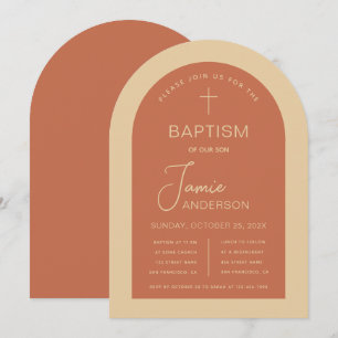 Invitation Baptême Arche Terre Cuite Crème Moderne Écriture M