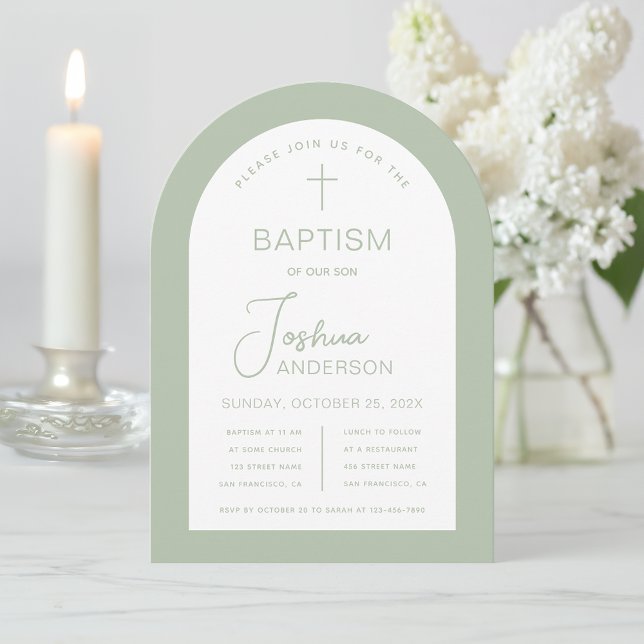 Invitation Baptême Arche Vert Sauge Moderne Écriture Christen (Créateur téléchargé)