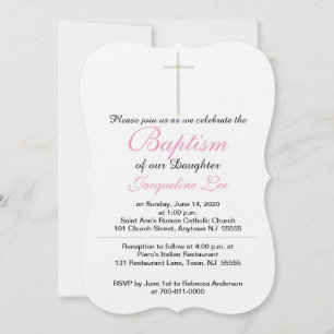 Invitation Baptême Argent Croix Or fille rose