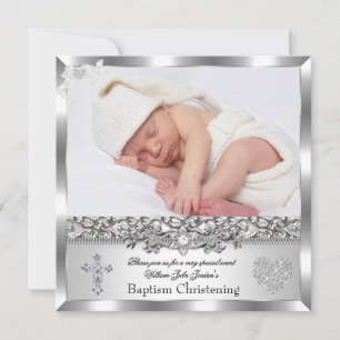 Invitation Baptême Argent Photo Cœur Croix Garçon ou Fille
