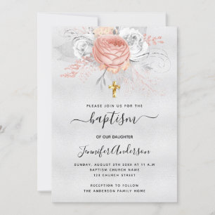 Invitation Baptême argent rose or florales fille élégante