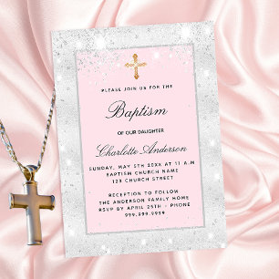 Invitation Baptême argent rose parties scintillant fille croi