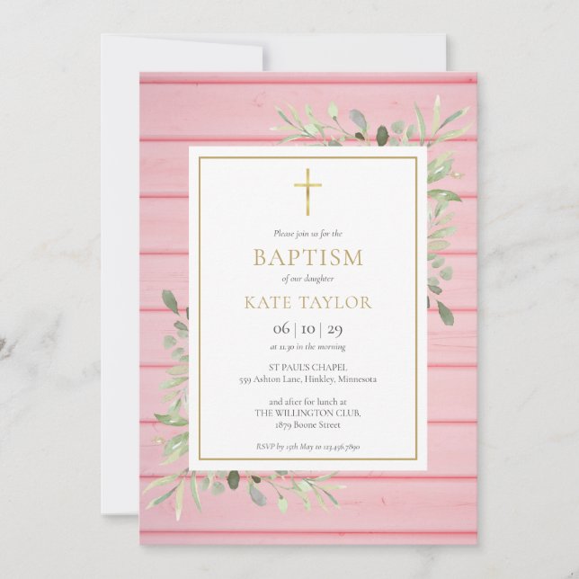 Invitation Baptême au Bois Rustique Rose et Feuillage (Devant)