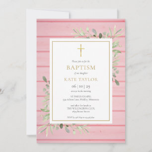 Invitation Baptême au Bois Rustique Rose et Feuillage
