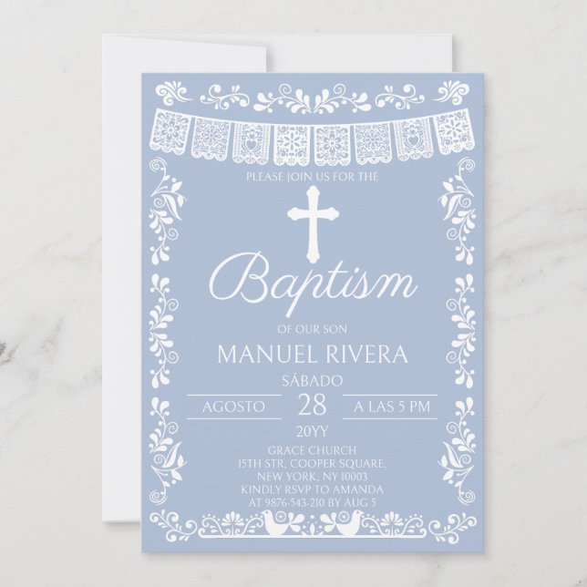 Invitation Baptême au Papier Découpé Bleu Poussiéreux (Devant)