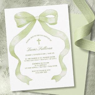 Invitation Baptême au Ruban Vert Élégant