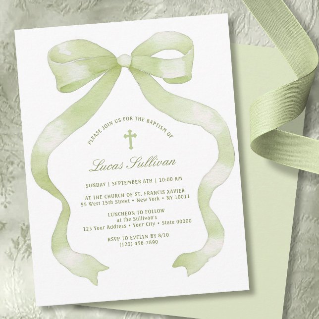 Invitation Baptême au Ruban Vert Élégant (Créateur téléchargé)