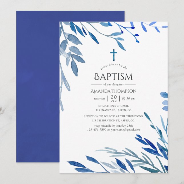 Invitation Baptême aux feuilles d'indigo marine aquarelle (Devant / Derrière)