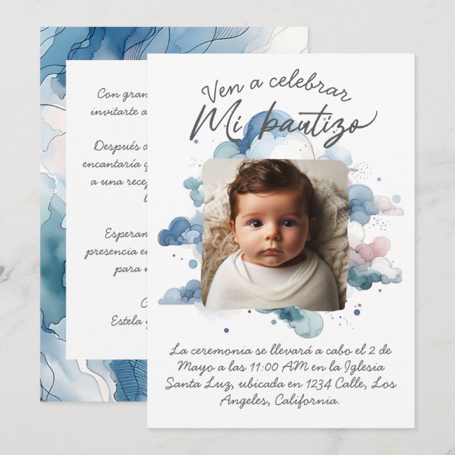 Invitation Baptême avec photo Aquarelle Espagnole (Devant / Derrière)