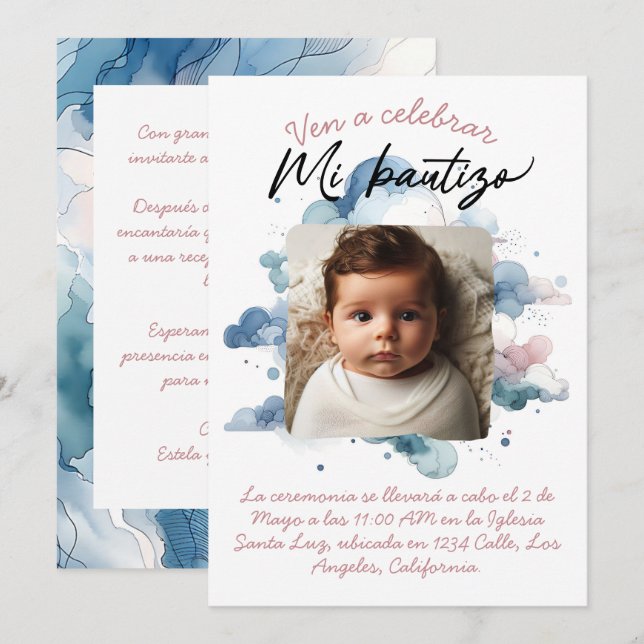 Invitation Baptême avec photo Aquarelle espagnole (Devant / Derrière)